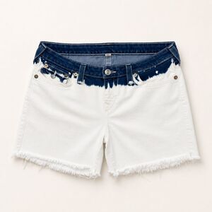 True Religion Mid Cut Off Shorts 32 White Blue Dip Dye Denim Raw Hem Stretch Y2K
